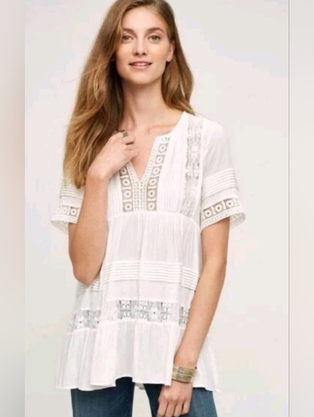 Anthropologie Maeve Tiered White Ecru Lace Crochet Tunic Blouse Women's LARGE